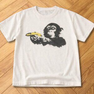 White Monkey Banana Street Art Graphic Tee Minimal Graffiti Style Shirt